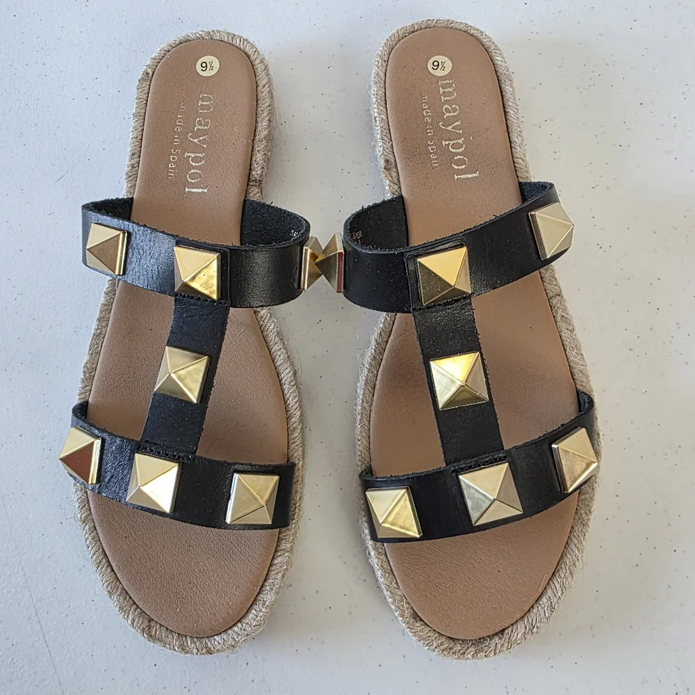 Maypol Raffia Trim Studded Leather Sandal Size 9.5 EU 41 Open Toe Slip-on Summer - Picture 2 of 13